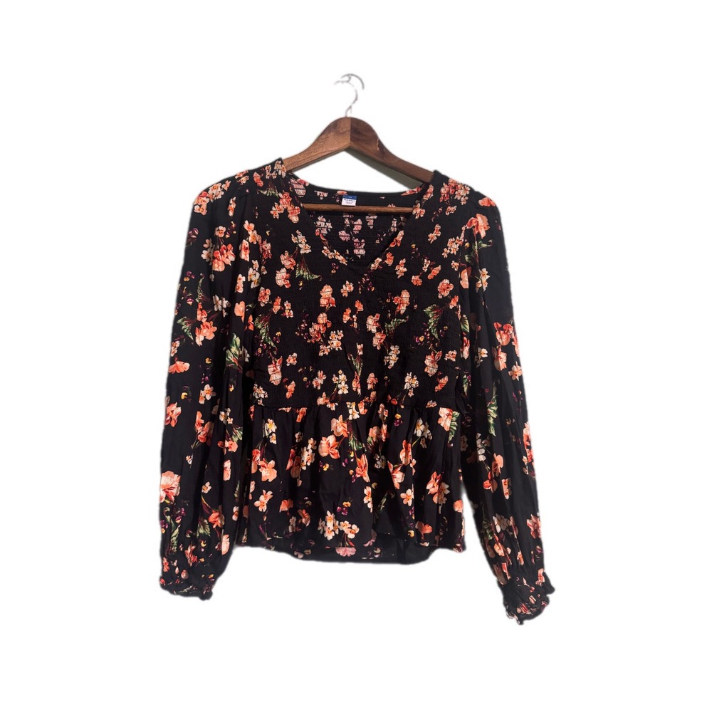 Old Navy Floral Smocked Blouse Womens XS Black Excellent Peplum V-Neck‎ Boho